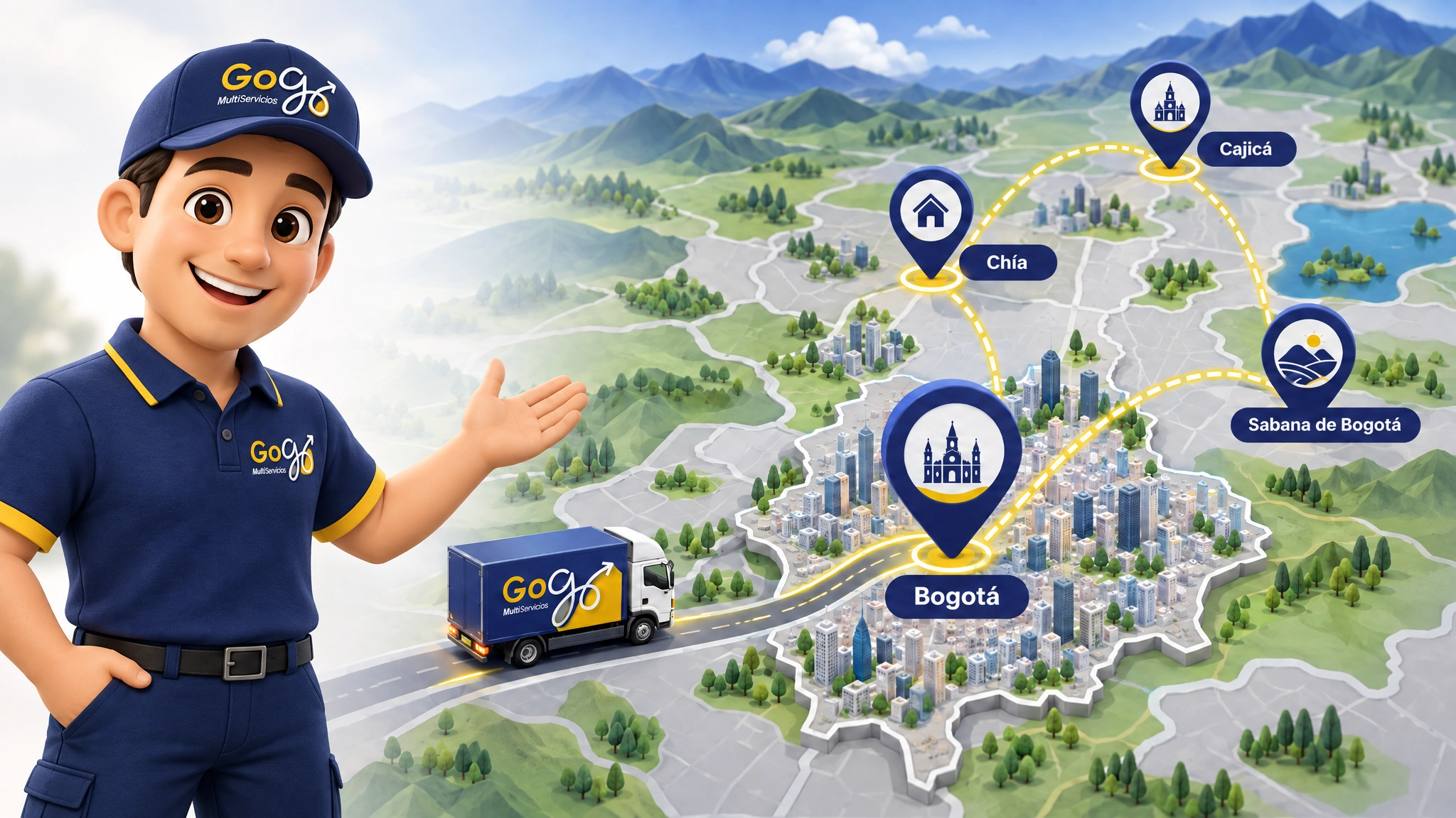 Ilustración 3D de un empleado de GoGo Multiservicios junto a un mapa que representa la cobertura de trasteos en Bogotá, Chía, Cajicá y la Sabana de Bogotá