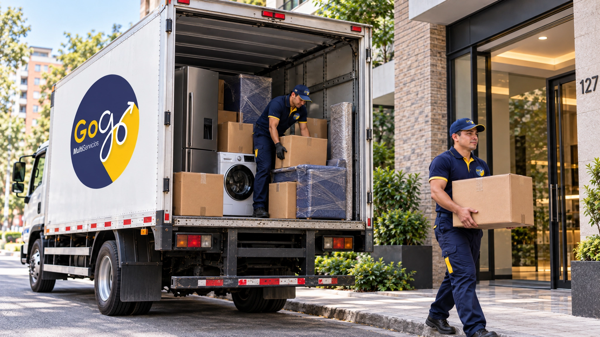 Operarios de GoGo Multiservicios descargando cajas frente a un apartamento, con electrodomésticos y muebles embalados dentro del camión