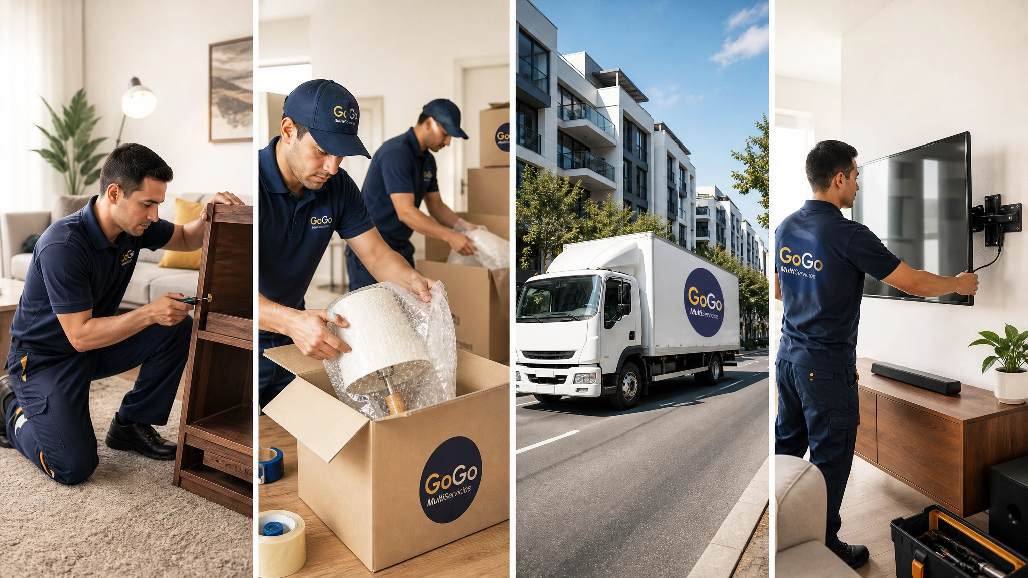 Etapas del servicio de mudanza integral de GoGo Multiservicios: desmontaje de muebles, empaque profesional, transporte y montaje final