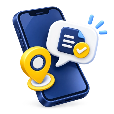 Icono 3D de un teléfono inteligente con burbuja de conversación y ubicación para solicitar una cotización de trasteo