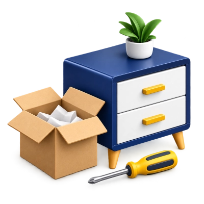 Icono 3D de un mueble armado junto a una caja abierta y una herramienta para representar la entrega y el armado