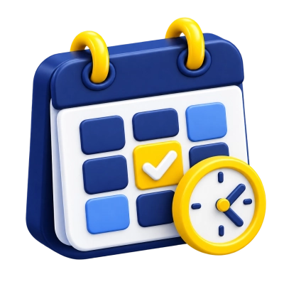Icono 3D de un calendario con marca de verificación y reloj para planificar un servicio de trasteo