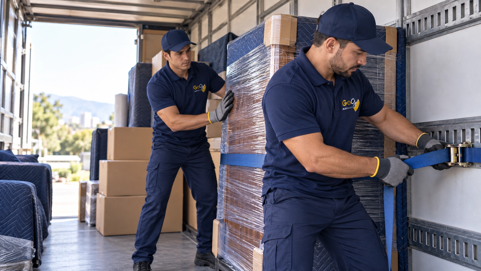 Dos operarios con uniforme azul marino y logo de GoGo Multiservicios sujetan un mueble protegido con mantas dentro de un camión de trasteos