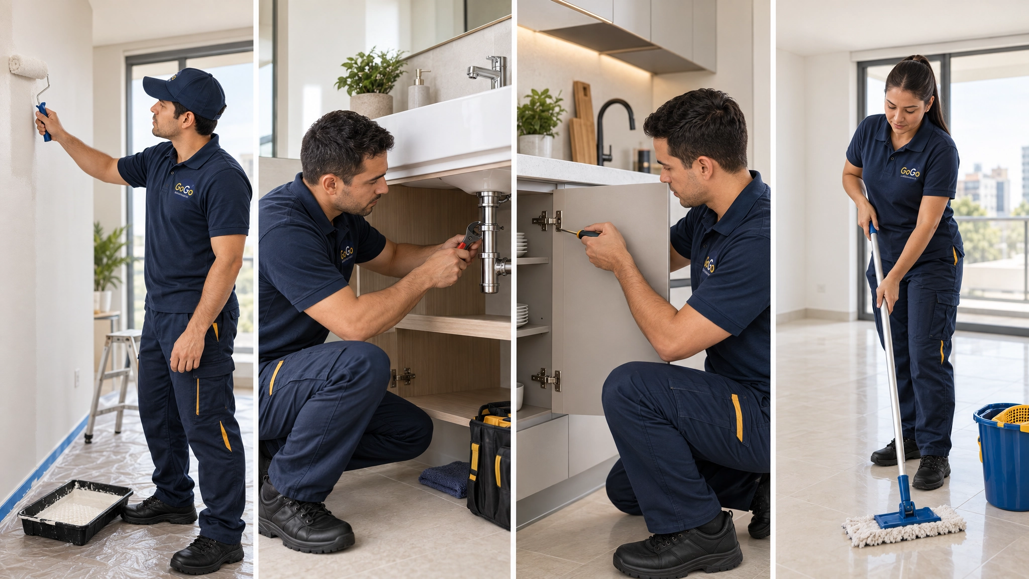 Collage de operarios de GoGo Multiservicios realizando trabajos de pintura, plomería, ajuste de gabinetes y limpieza en apartamentos